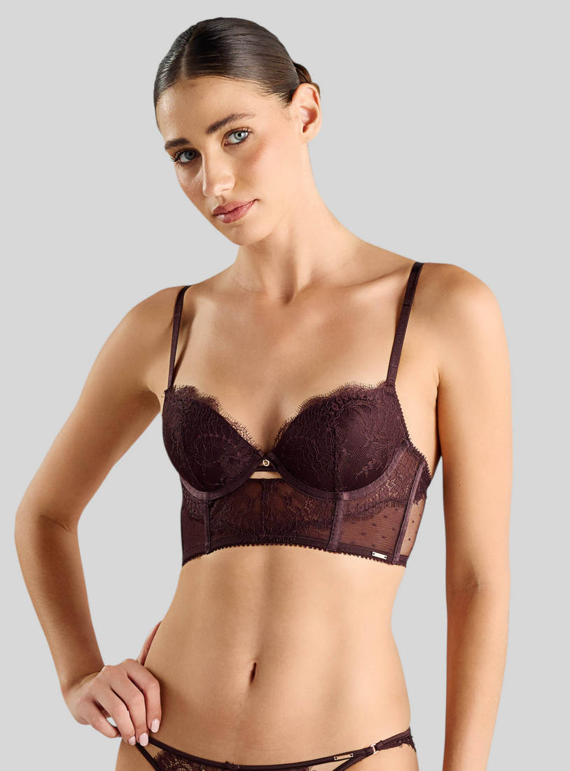Lace Detail Wired Longline Demi Bra with Hook and Eye Closure