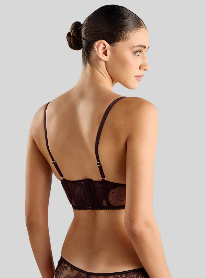 Lace Detail Wired Longline Demi Bra with Hook and Eye Closure