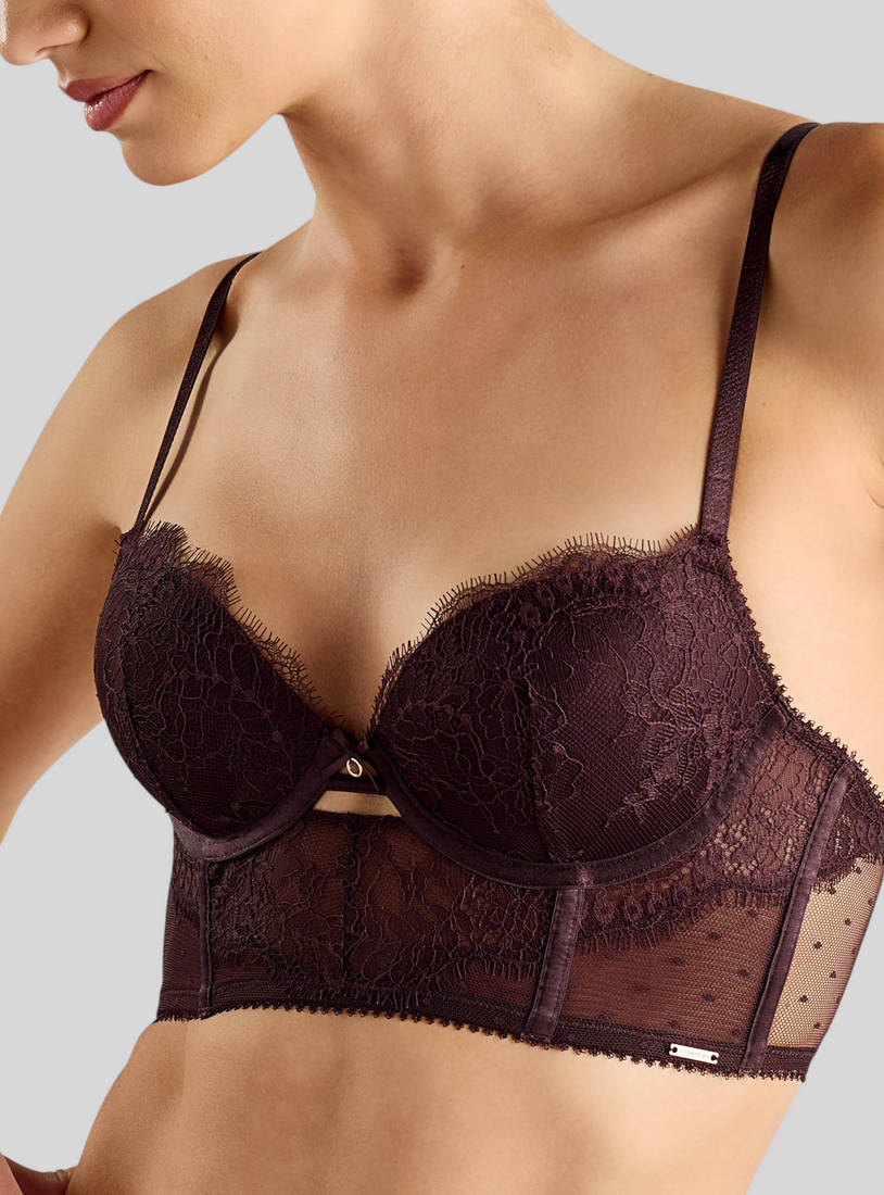 Lace Detail Wired Longline Demi Bra with Hook and Eye Closure