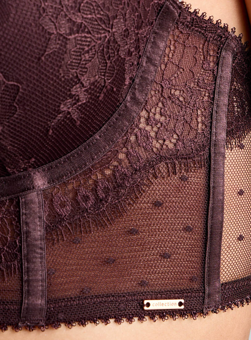 Lace Detail Wired Longline Demi Bra with Hook and Eye Closure