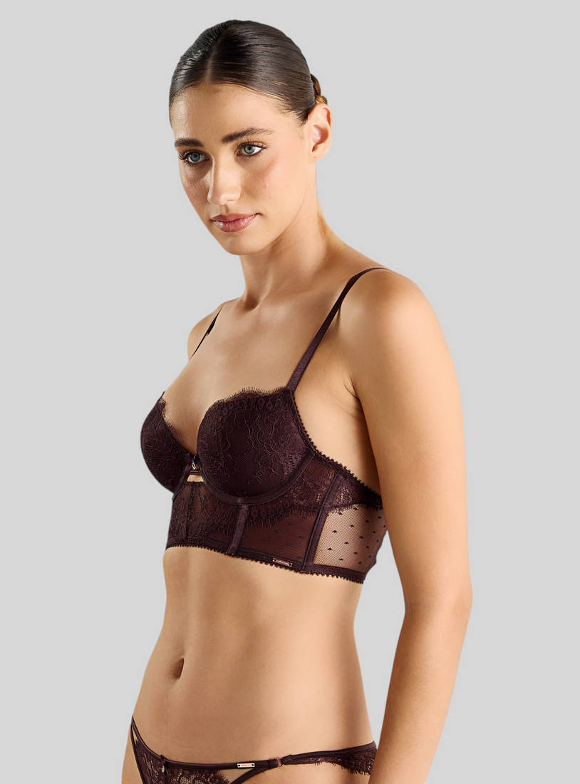 Lace Detail Wired Longline Demi Bra with Hook and Eye Closure
